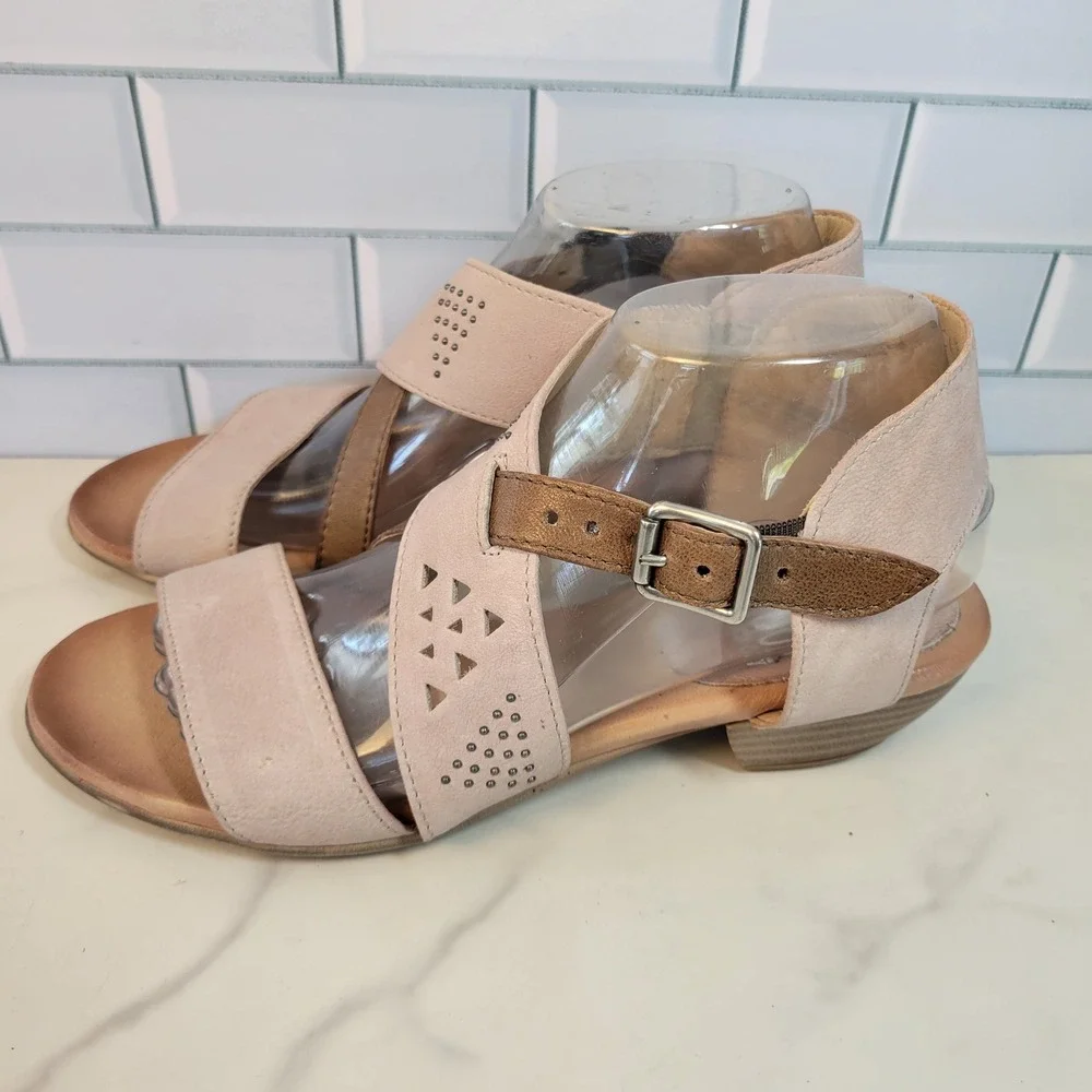 Miz Mooz Leather Heeled Sandals Size 8.5 9 Cienna Cappuccino Laser Cut Size 39